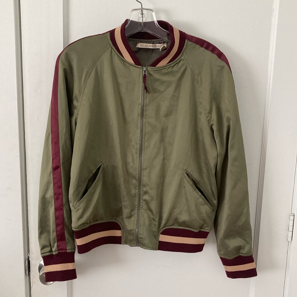 Chelsea & violet Olive Green Bomber Jacket with Burgundy Accents